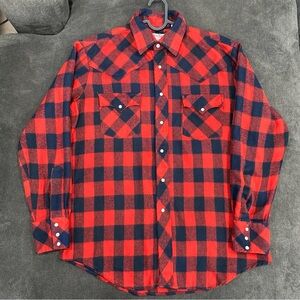 PARDNERS Western Button Up Shirt Jacket Unisex Red Plaid Flannel Pearl Snap L